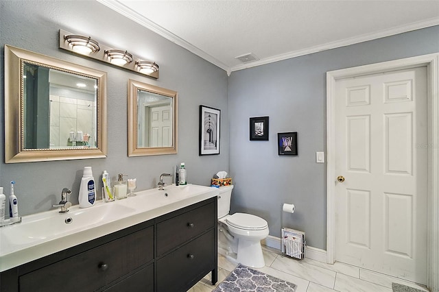 bathroom with a textured ceiling, vanity, crown molding, a shower, and toilet