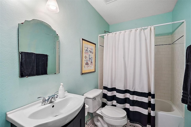 full bathroom with a textured ceiling, shower / bathtub combination with curtain, sink, and toilet