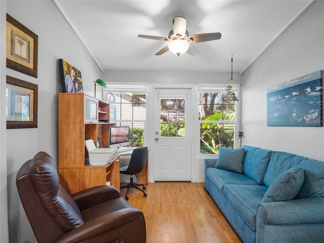 home office with ceiling fan and light hardwood / wood-style flooring