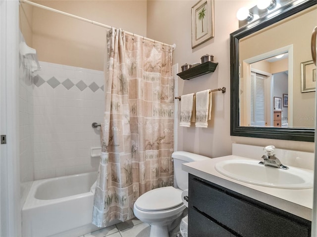 full bathroom with vanity, tile patterned floors, toilet, and shower / tub combo with curtain