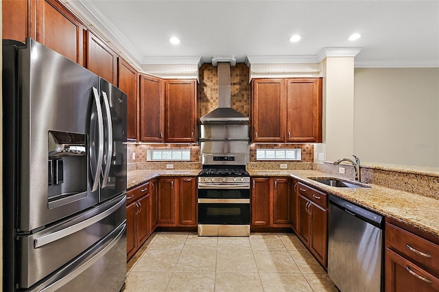 kitchen featuring ornamental molding, stainless steel appliances, wall chimney exhaust hood, and sink