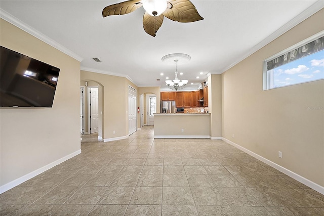 unfurnished living room featuring crown molding and ceiling fan with notable chandelier