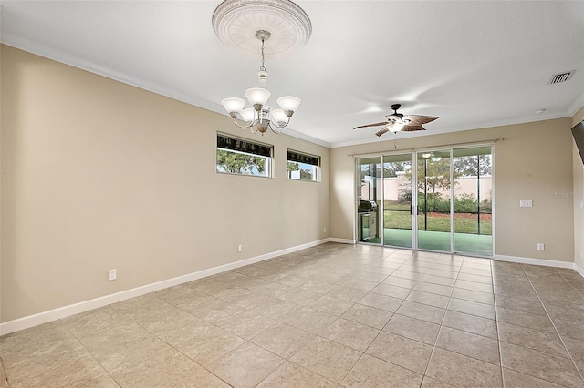 unfurnished room with ceiling fan with notable chandelier, crown molding, and light tile patterned flooring