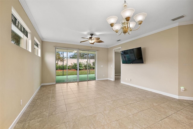 tiled empty room featuring ceiling fan with notable chandelier and ornamental molding