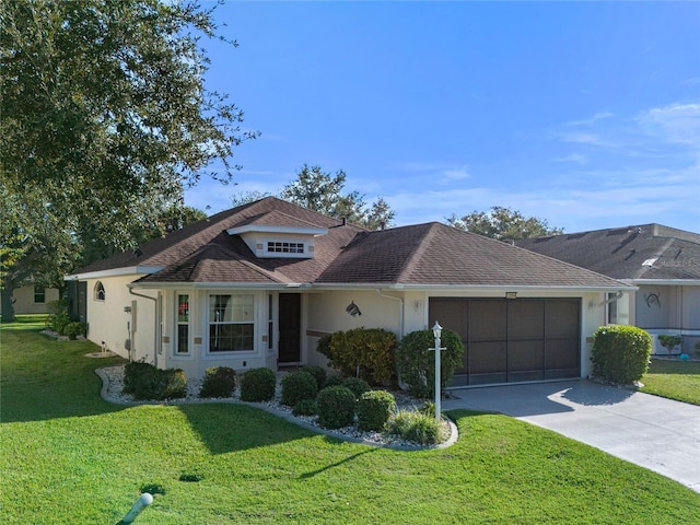 single story home with a garage and a front lawn