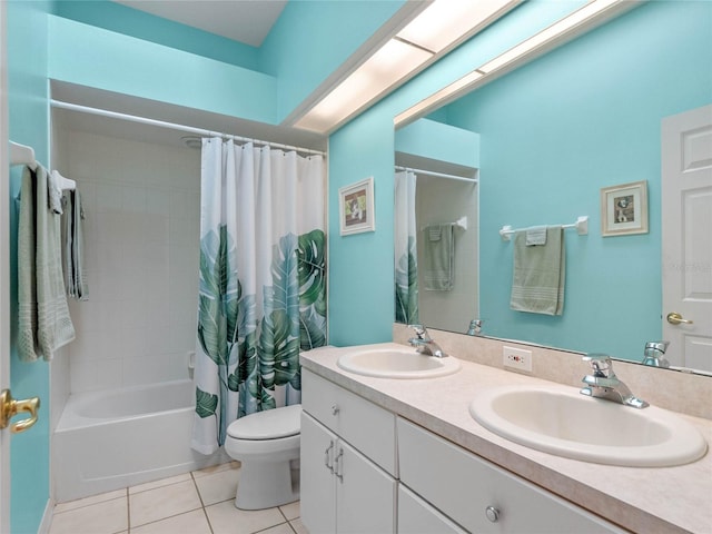 full bathroom with vanity, tile patterned flooring, toilet, and shower / bath combination with curtain