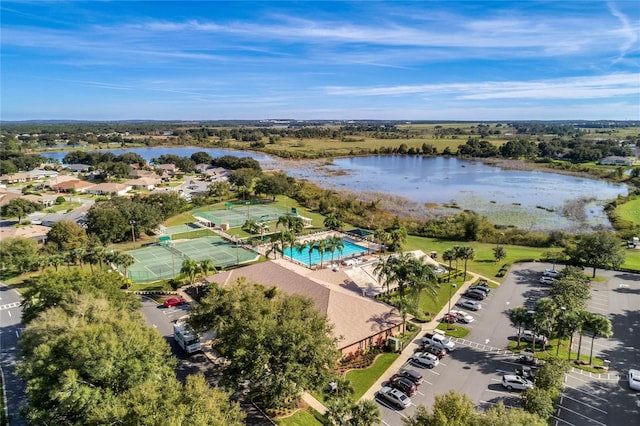 birds eye view of property featuring a water view