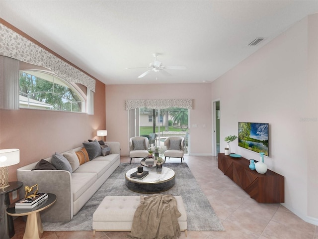 living room featuring ceiling fan