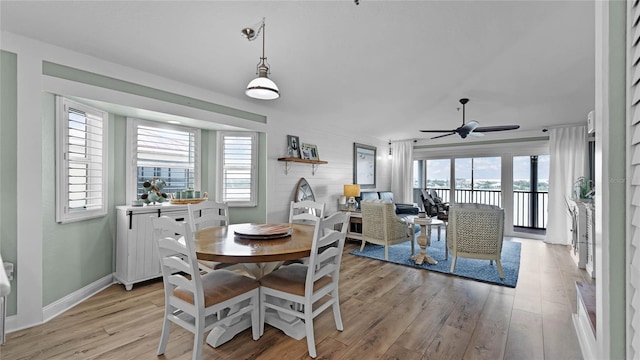 dining room with ceiling fan and light wood-type flooring