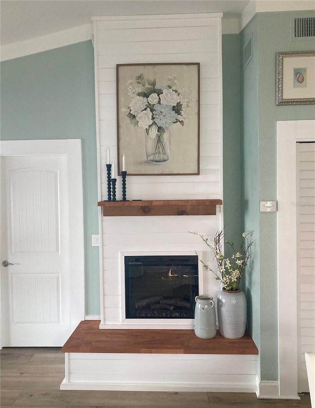 details with hardwood / wood-style floors and a large fireplace