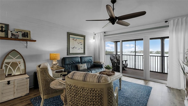 living room featuring ceiling fan