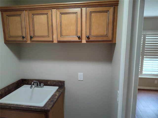 laundry room featuring sink and hardwood / wood-style floors