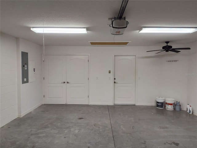 garage featuring electric panel, ceiling fan, and a garage door opener