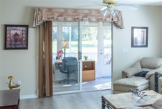 interior space with ceiling fan and light hardwood / wood-style flooring