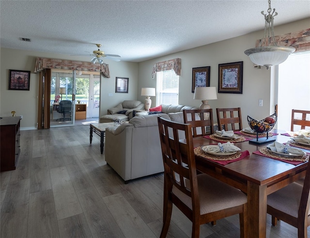 dining space with ceiling fan, a textured ceiling, and dark hardwood / wood-style floors