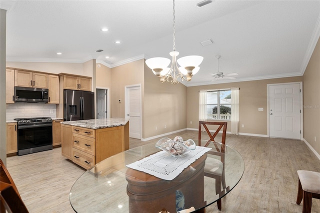 kitchen with light hardwood / wood-style flooring, ceiling fan with notable chandelier, ornamental molding, and stainless steel appliances