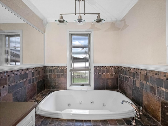 bathroom with crown molding, a relaxing tiled tub, and tile walls