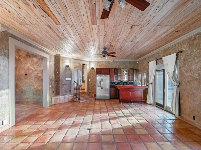 kitchen with light tile patterned flooring, stainless steel refrigerator with ice dispenser, crown molding, and wood ceiling