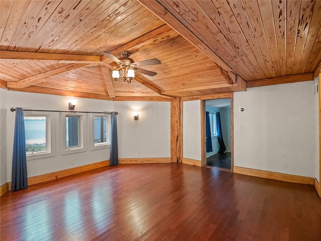 empty room featuring ceiling fan, wooden ceiling, and wood-type flooring