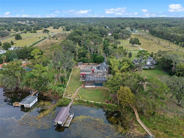 bird's eye view featuring a rural view and a water view