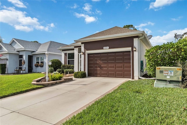 single story home with a garage and a front yard