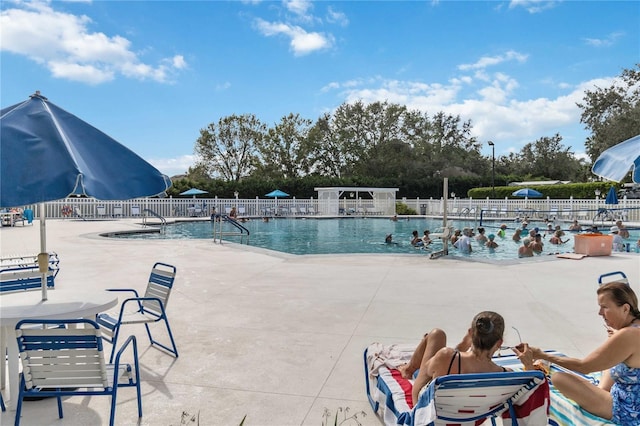 view of swimming pool featuring a patio