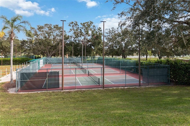 view of tennis court with a lawn