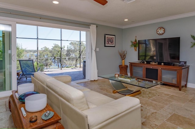 living room featuring ceiling fan and ornamental molding