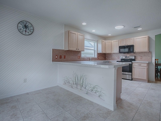 kitchen featuring light brown cabinets, stainless steel electric range, kitchen peninsula, and light tile patterned flooring