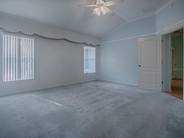 carpeted spare room featuring a textured ceiling, lofted ceiling, and ceiling fan