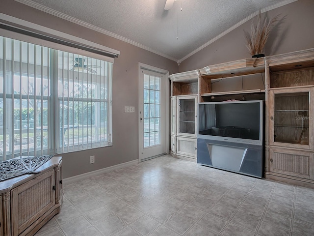 unfurnished living room with ceiling fan, a textured ceiling, vaulted ceiling, and ornamental molding