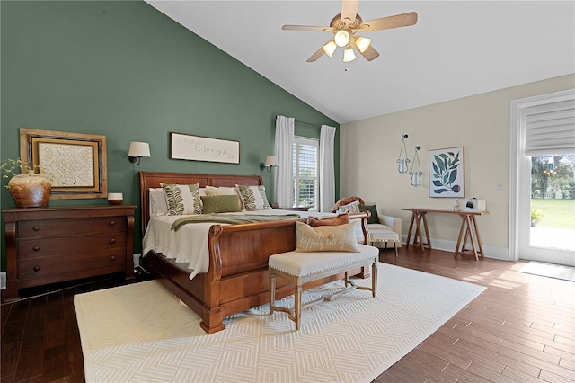 bedroom with hardwood / wood-style flooring, ceiling fan, multiple windows, and access to outside