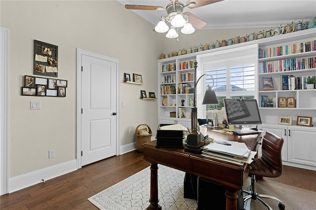 office area featuring dark wood-type flooring, ceiling fan, and lofted ceiling