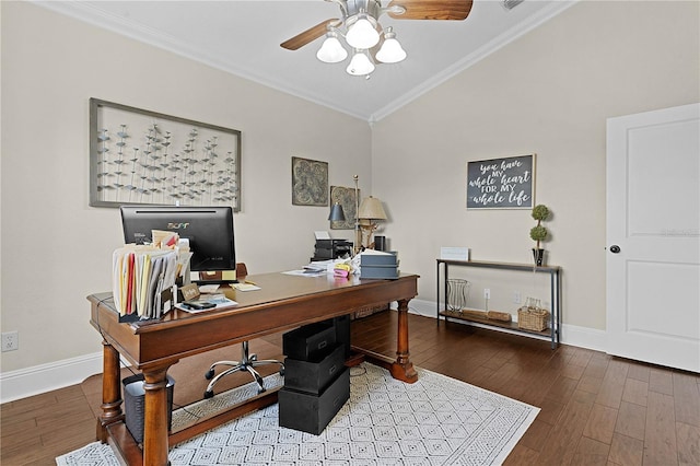 home office featuring ceiling fan, lofted ceiling, hardwood / wood-style flooring, and ornamental molding