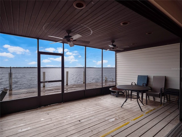 sunroom / solarium featuring wooden ceiling, ceiling fan, and a water view