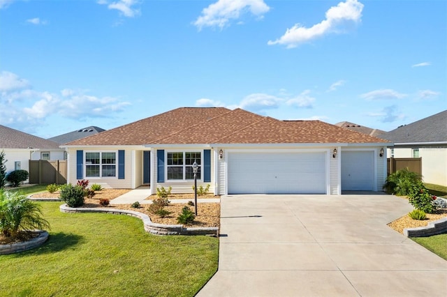 ranch-style home featuring a front yard and a garage