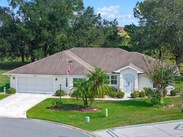 ranch-style house featuring a front yard and a garage