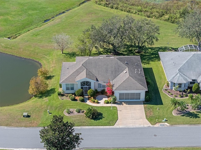 bird's eye view featuring a water view