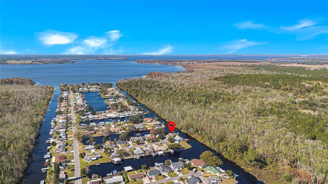 drone / aerial view with a water view and a forest view