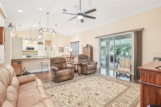 living area featuring visible vents, a ceiling fan, lofted ceiling, dark wood-style floors, and crown molding