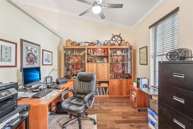 home office featuring crown molding, ceiling fan, and dark hardwood / wood-style floors