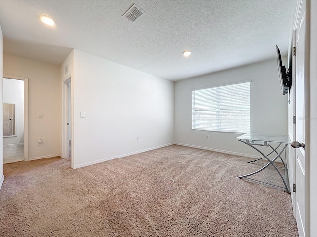 spare room with light carpet and a textured ceiling