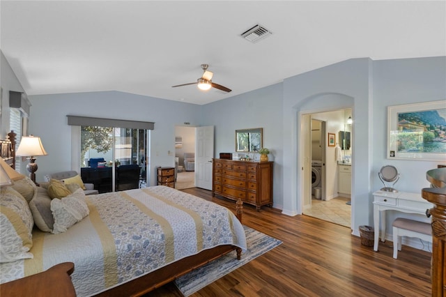 bedroom featuring connected bathroom, ceiling fan, hardwood / wood-style floors, and lofted ceiling