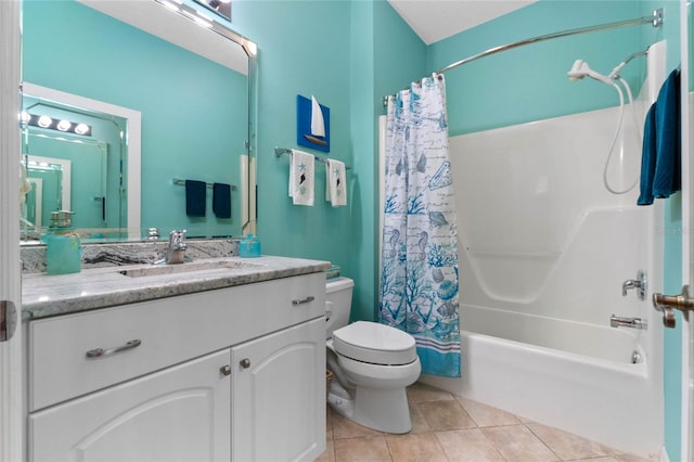 full bathroom with tile patterned floors, vanity, shower / bath combination with curtain, and toilet