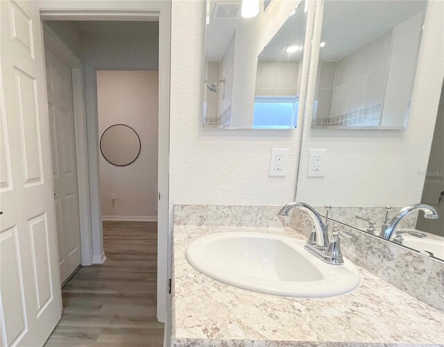 bathroom with vanity and hardwood / wood-style flooring