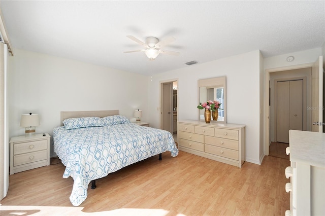 bedroom featuring ceiling fan and light wood-type flooring