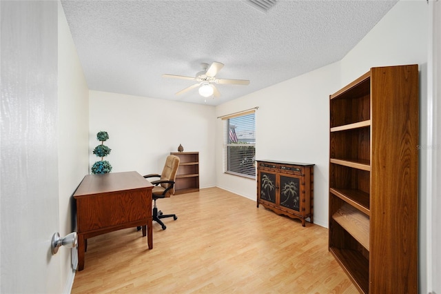 office area featuring a textured ceiling, light hardwood / wood-style flooring, and ceiling fan