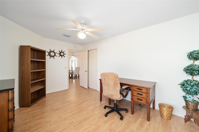 office space with ceiling fan, a textured ceiling, and light hardwood / wood-style flooring