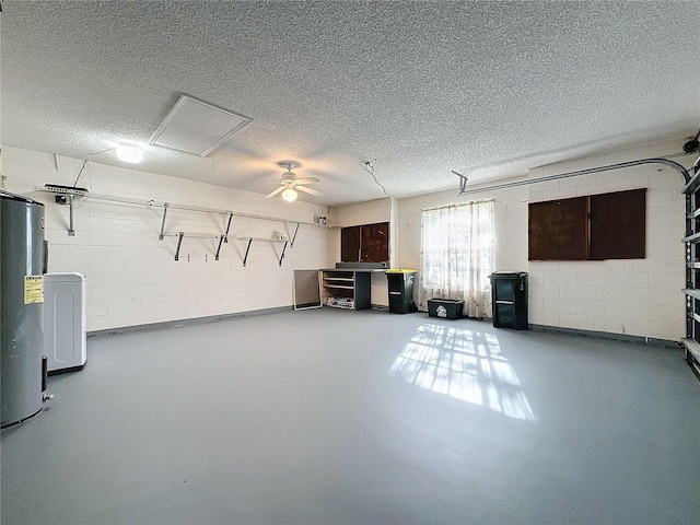 interior space featuring ceiling fan, a textured ceiling, and water heater