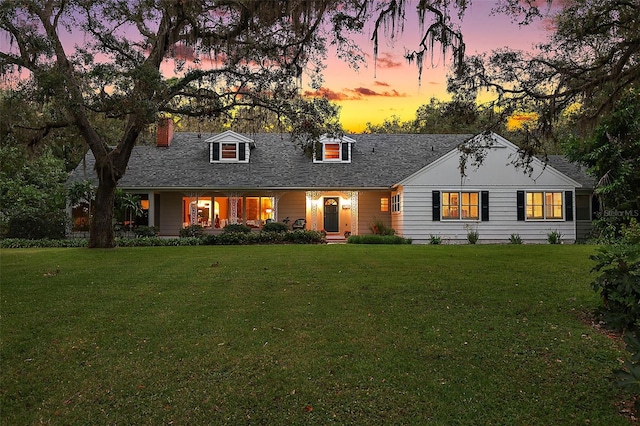 back house at dusk with a yard